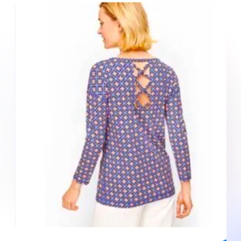 Talbots Blue Pink Print Top 3/4 Sleeve Open Back Lattice size M